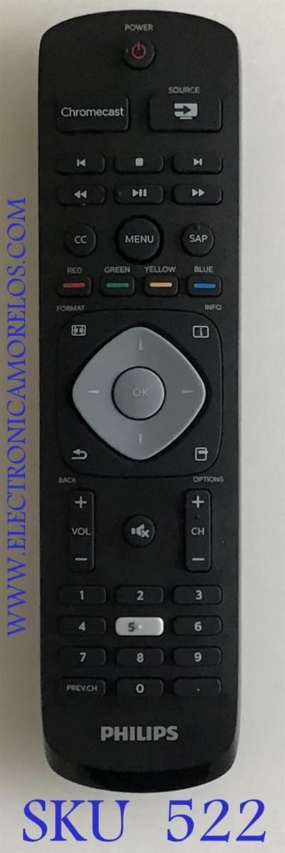 CONTROL ORIGINAL NUEVO PARA TV PHILIPS / CHROMECAST / NUMERO DE PARTE SF347 / UM-4 AAA / R03 / MODELOS 43PFL5922 / 43PFL5922/F7 / 50PFL5922 / 50PFL5922/F7 / 55PFL5922 / 55PFL5922/F7 / 65PFL5922 / 65PFL5922/F7